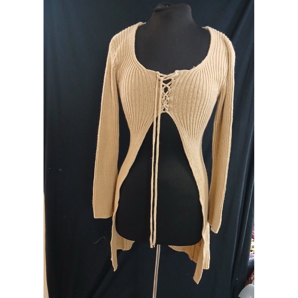 Smudge Vintage Lace up Front Camel Long Sweater Sz M Rib Knit